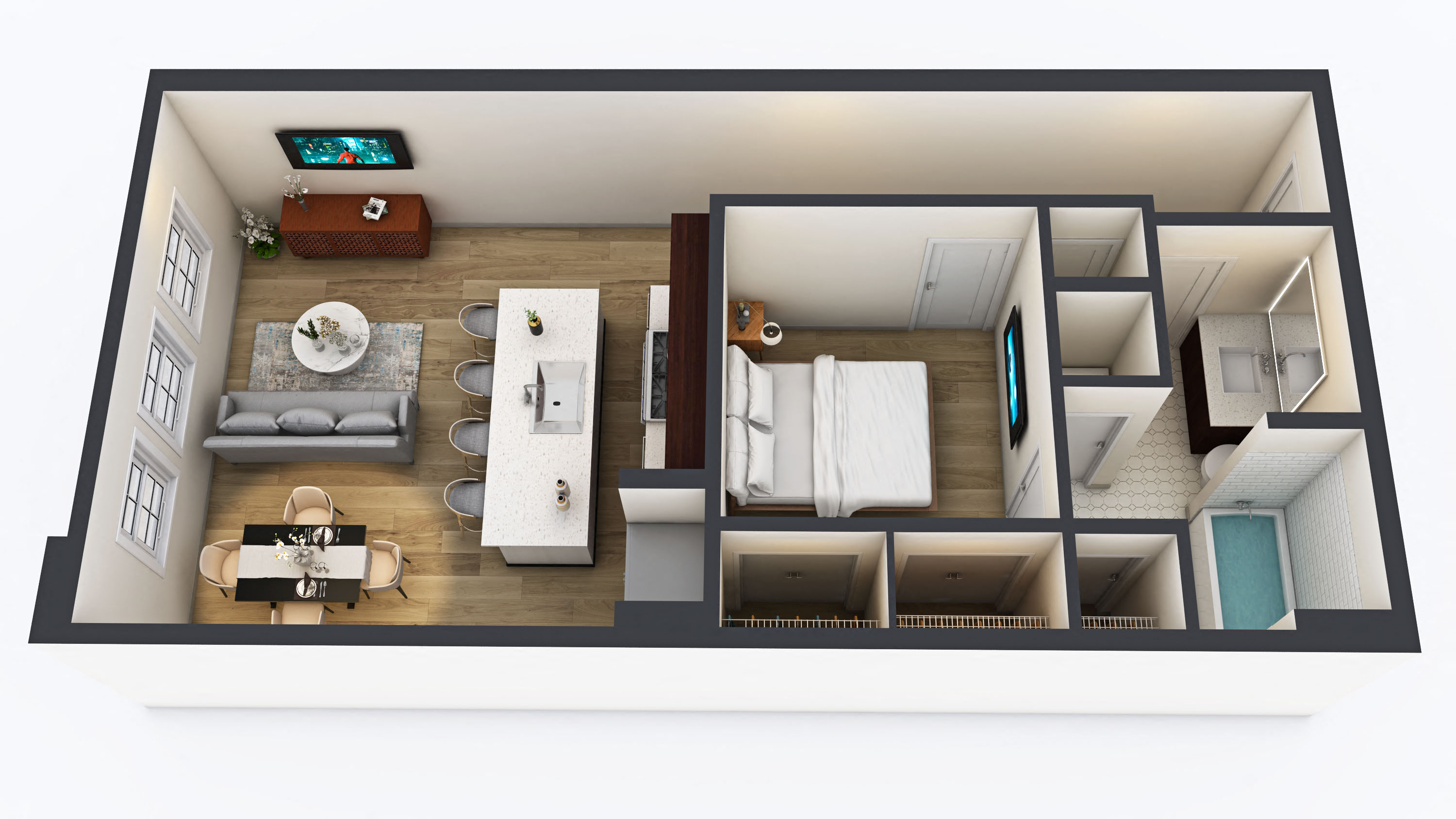 Floor plan for 1 bed, 1 bath, 740 sqft